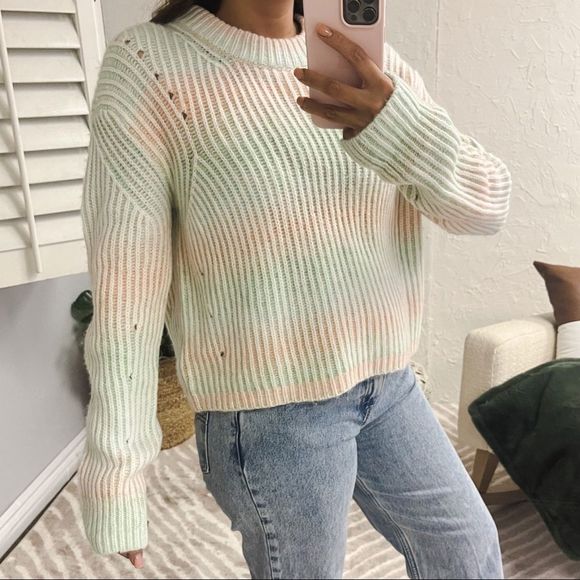 La Ligne Ribbed Space Dye Crew Pullover Sweater Cream Peach Seafoam Size Large - Picture 1 of 16